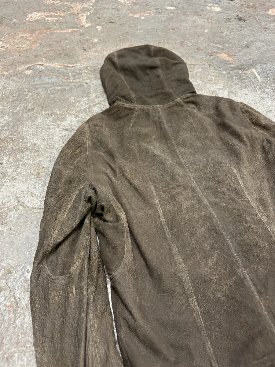 Rick Owens Asymmetrical Eroded Raw Hooded Lamb Leather Jacket (S/M) lgxDdXx 9