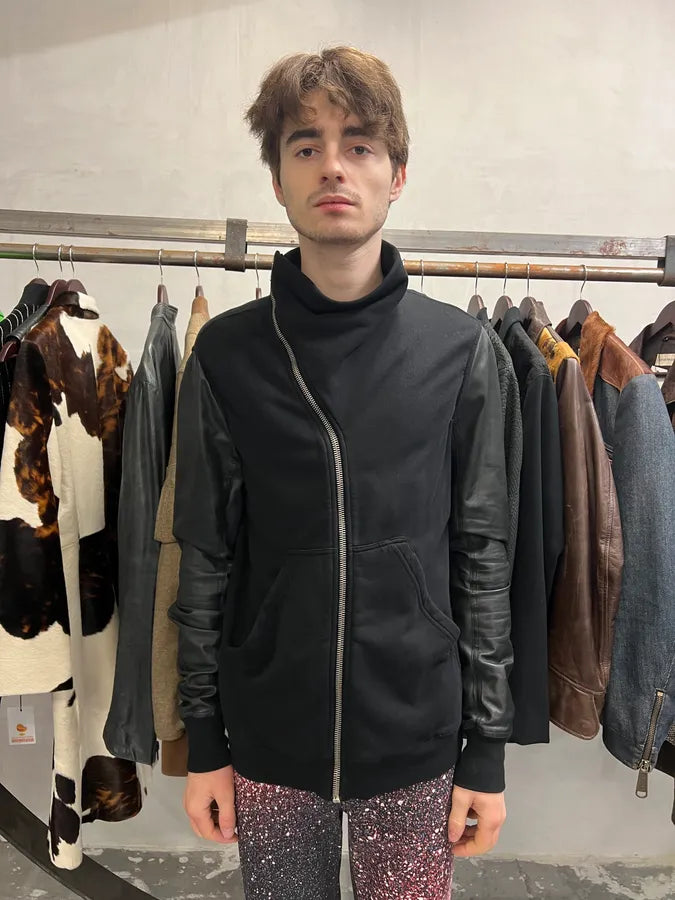 Rick Owens Asymmetrical Wool & Leather Black Jacket (L) 3