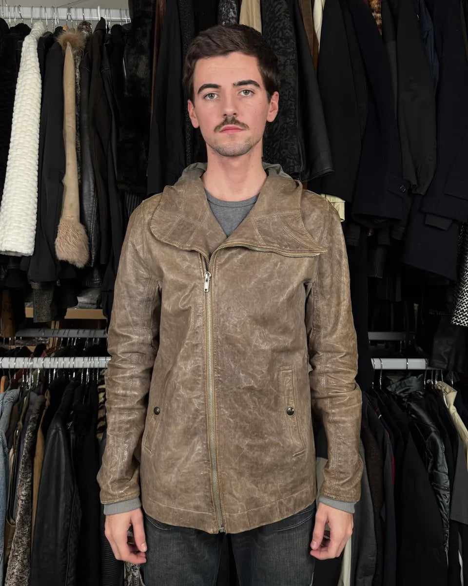 Rick Owens Beige & Grey Eroded Asymmetrical Leather Jacket ihQAnXD 1
