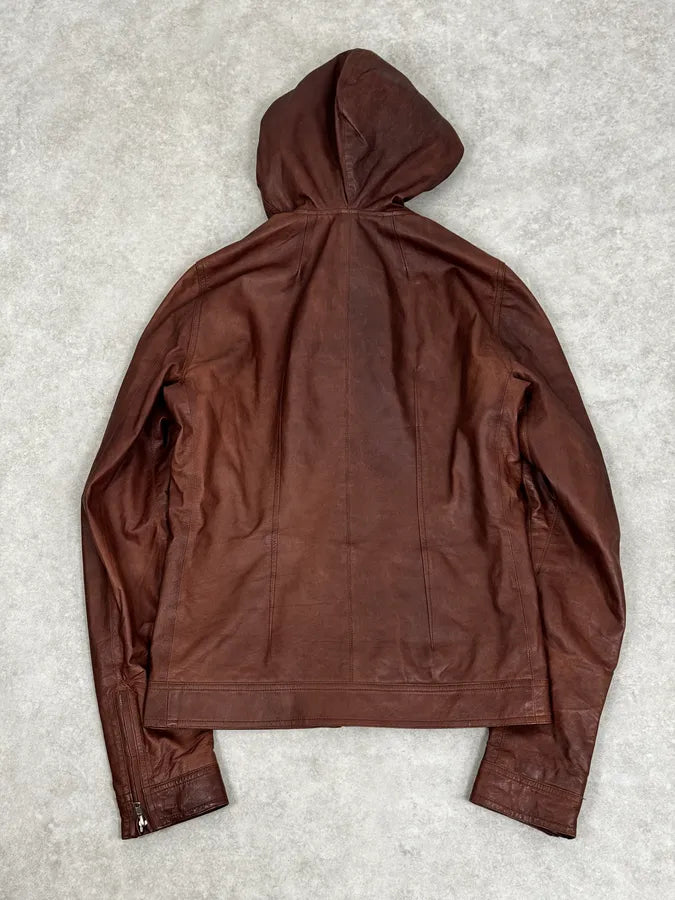 SS2014 Rick Owens Brown Avant-Garde Hooded Leather Jacket ILpSiaR 3