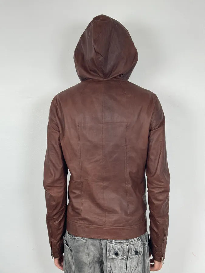 SS2014 Rick Owens Brown Avant-Garde Hooded Leather Jacket ILpSiaR 2