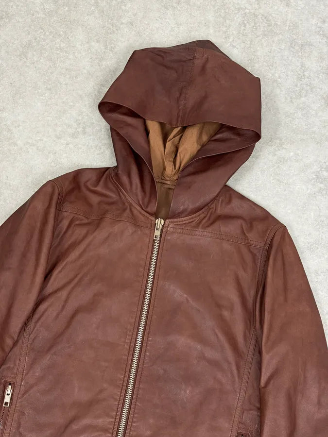 SS2014 Rick Owens Brown Avant-Garde Hooded Leather Jacket ILpSiaR 4