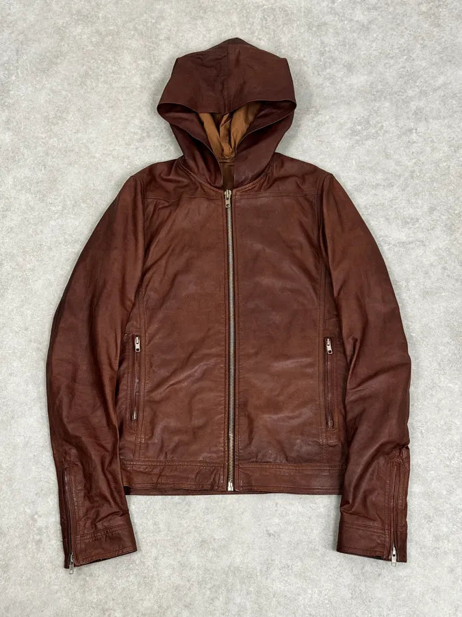 SS2014 Rick Owens Brown Avant-Garde Hooded Leather Jacket ILpSiaR 0