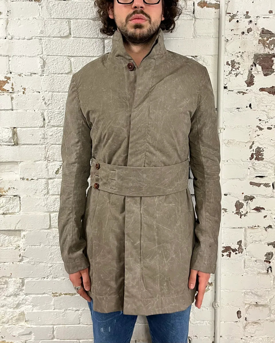 Rick Owens Grey Waxed Belted Long Coat VtepuOG 1