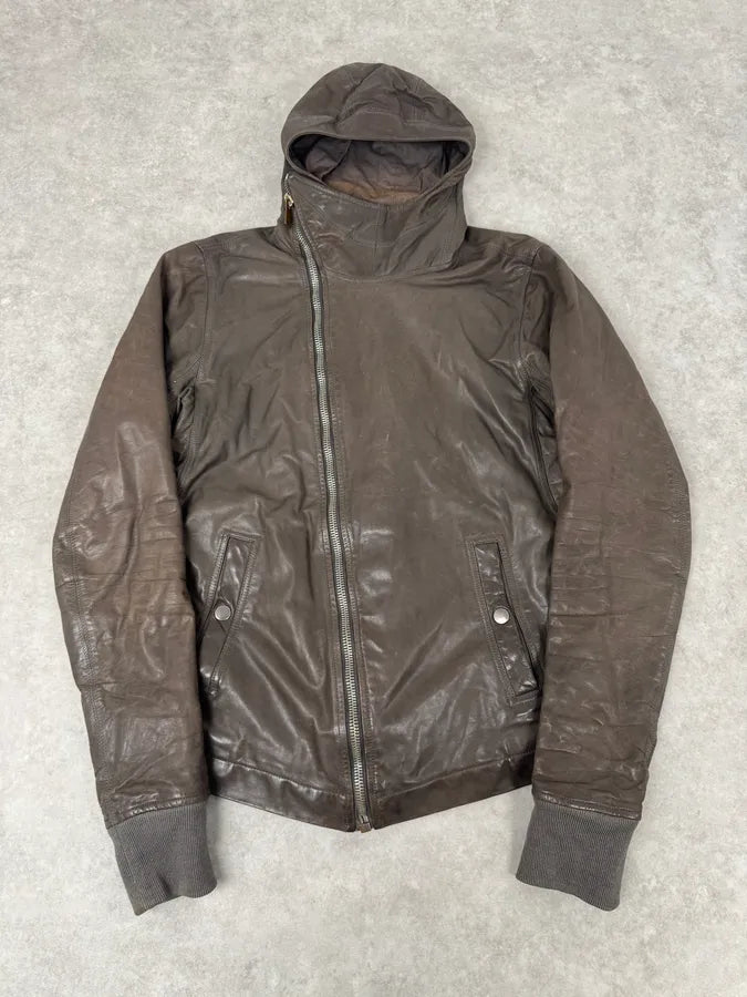 Rick Owens Scuba Asymmetrical Brown Leather Hooded Jacket KqNypaV 0