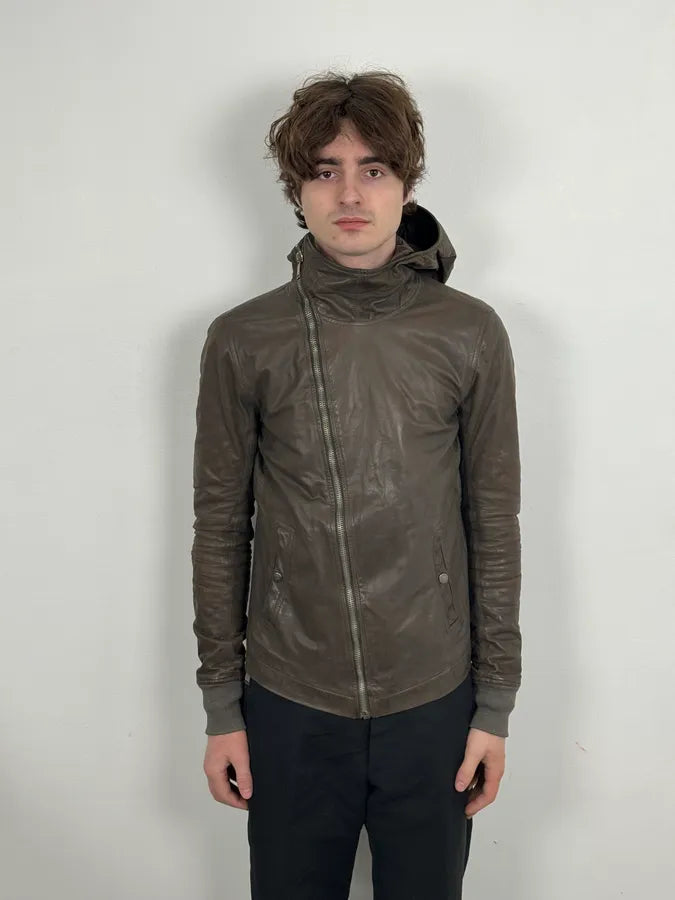 Rick Owens Scuba Asymmetrical Brown Leather Hooded Jacket KqNypaV 1