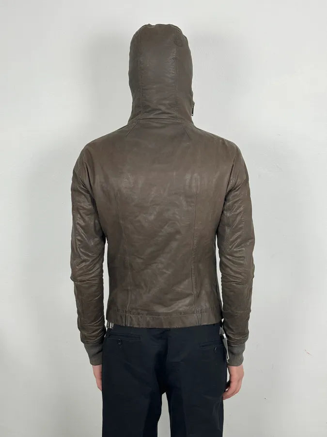 Rick Owens Scuba Asymmetrical Brown Leather Hooded Jacket KqNypaV 2