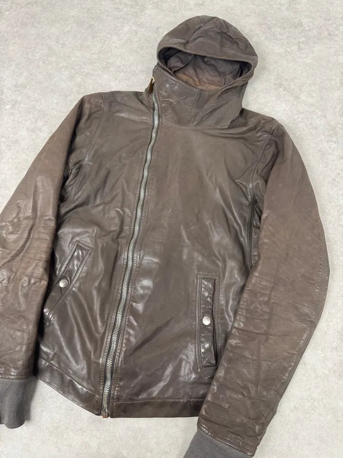 Rick Owens Scuba Asymmetrical Brown Leather Hooded Jacket KqNypaV 3