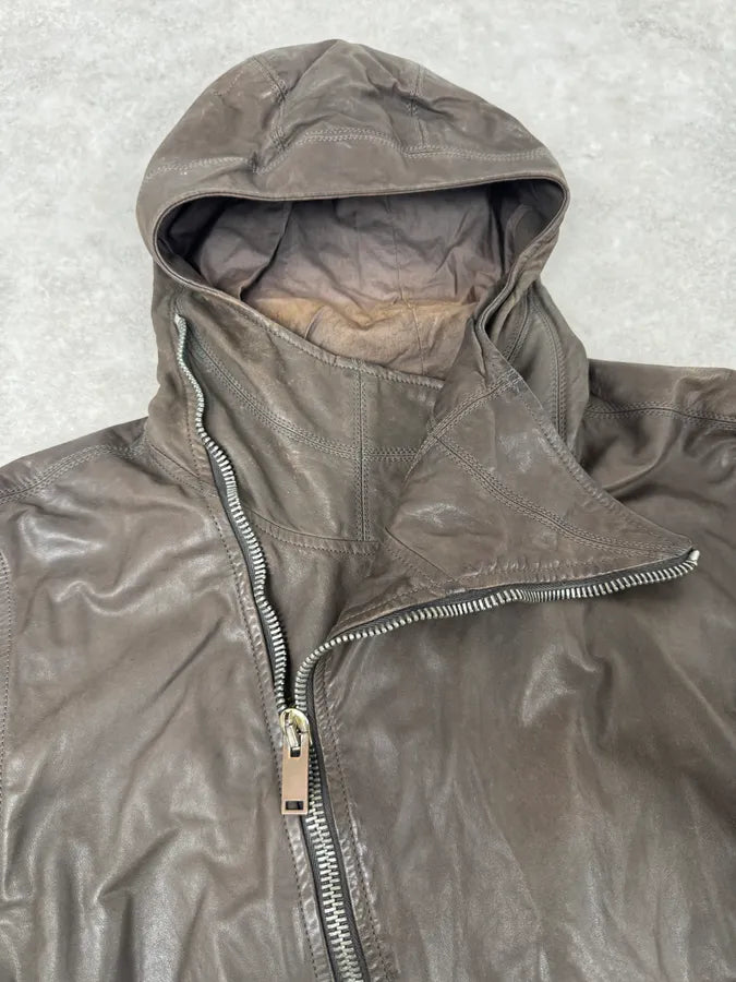 Rick Owens Scuba Asymmetrical Brown Leather Hooded Jacket KqNypaV 4