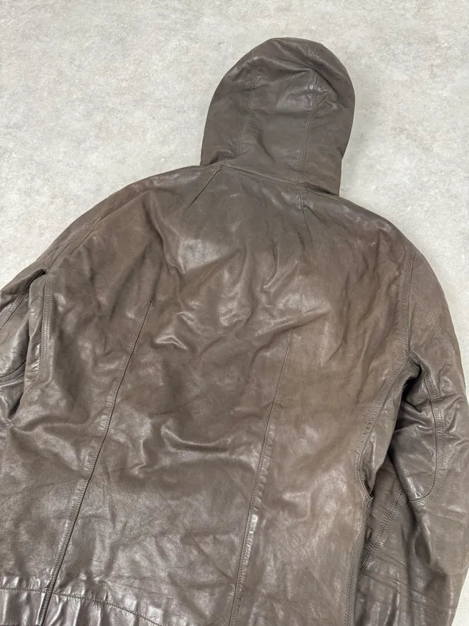 Rick Owens Scuba Asymmetrical Brown Leather Hooded Jacket KqNypaV 7