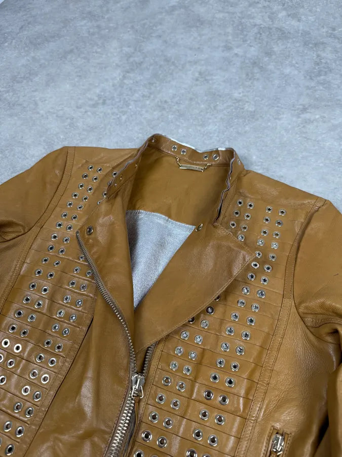 Roberto Cavalli Asymmetrical Eyled Leather Mustard Beige Jacket aUEBGfJ 2