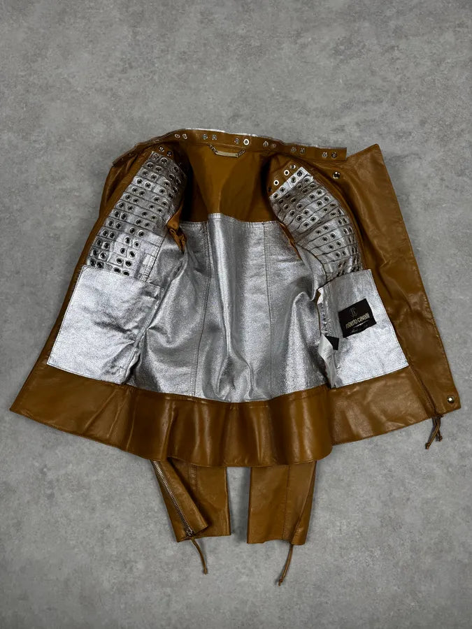Roberto Cavalli Asymmetrical Eyled Leather Mustard Beige Jacket aUEBGfJ 6