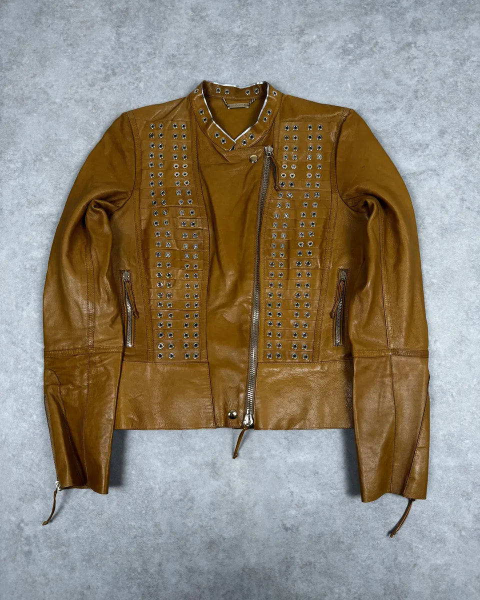 Roberto Cavalli Asymmetrical Eyled Leather Mustard Beige Jacket aUEBGfJ 0