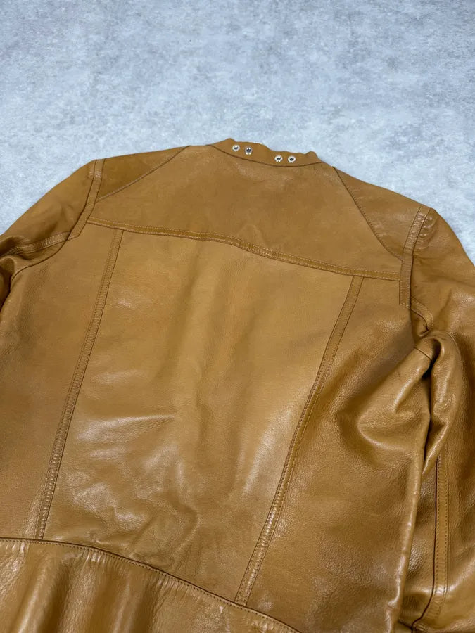 Roberto Cavalli Asymmetrical Eyled Leather Mustard Beige Jacket aUEBGfJ 5