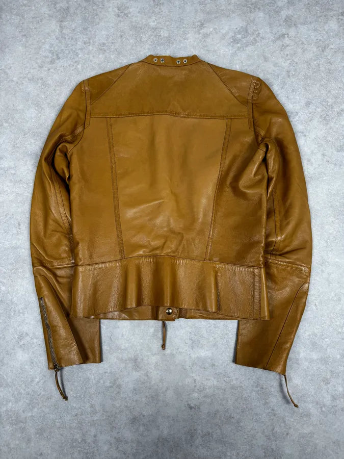 Roberto Cavalli Asymmetrical Eyled Leather Mustard Beige Jacket aUEBGfJ 3