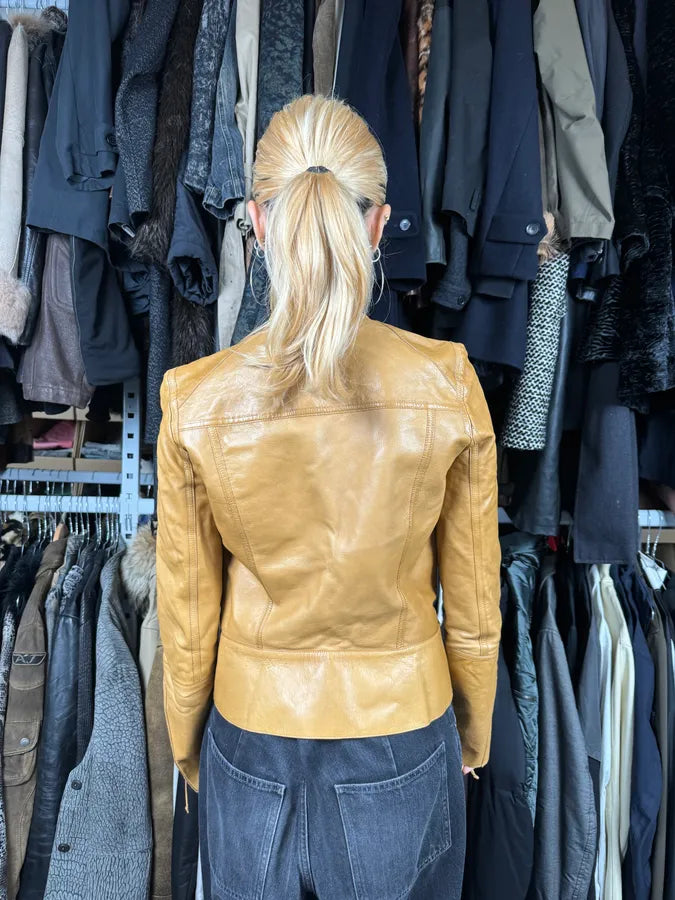 Roberto Cavalli Asymmetrical Eyled Leather Mustard Beige Jacket aUEBGfJ 4