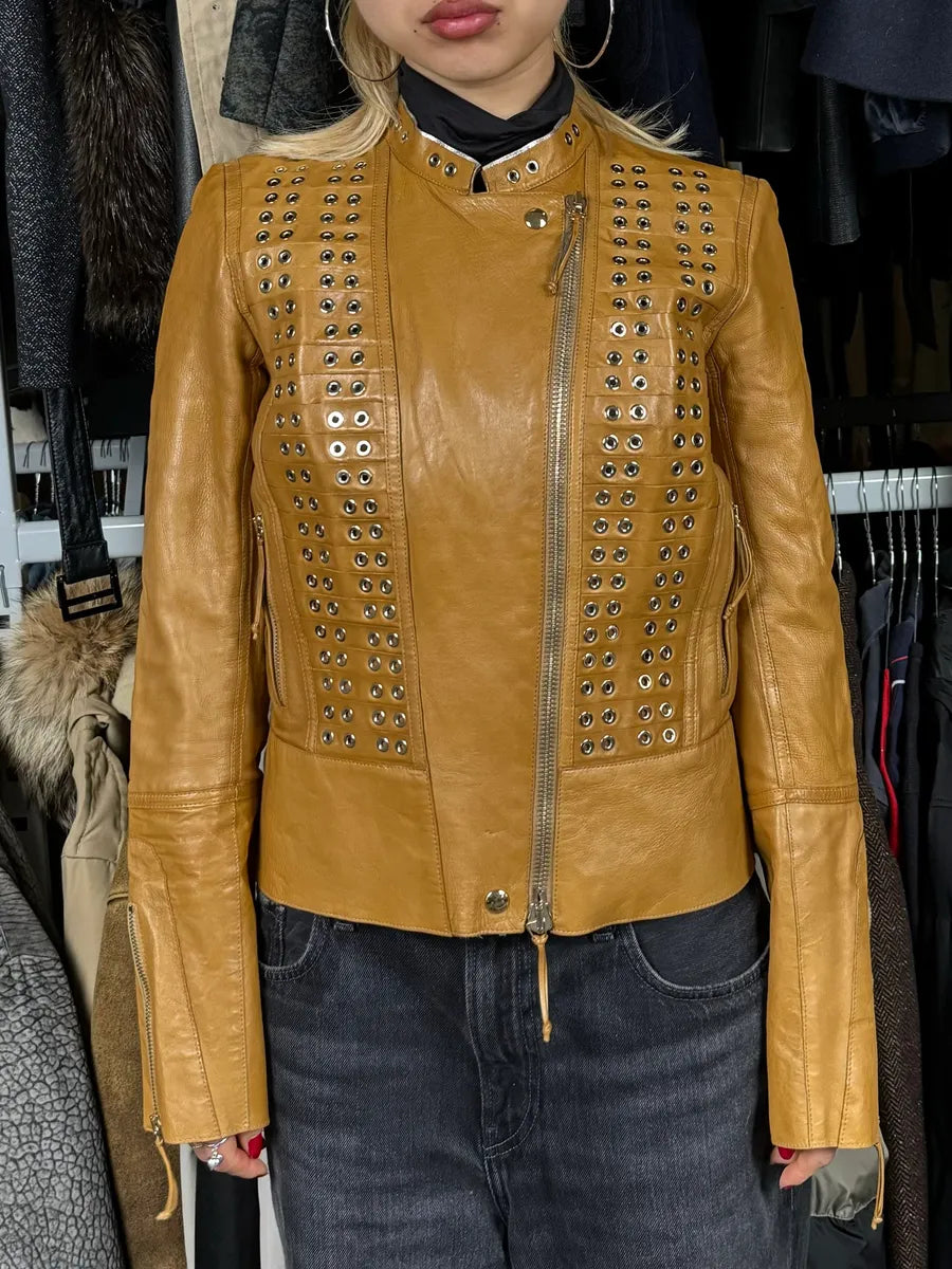 Roberto Cavalli Asymmetrical Eyled Leather Mustard Beige Jacket aUEBGfJ 1