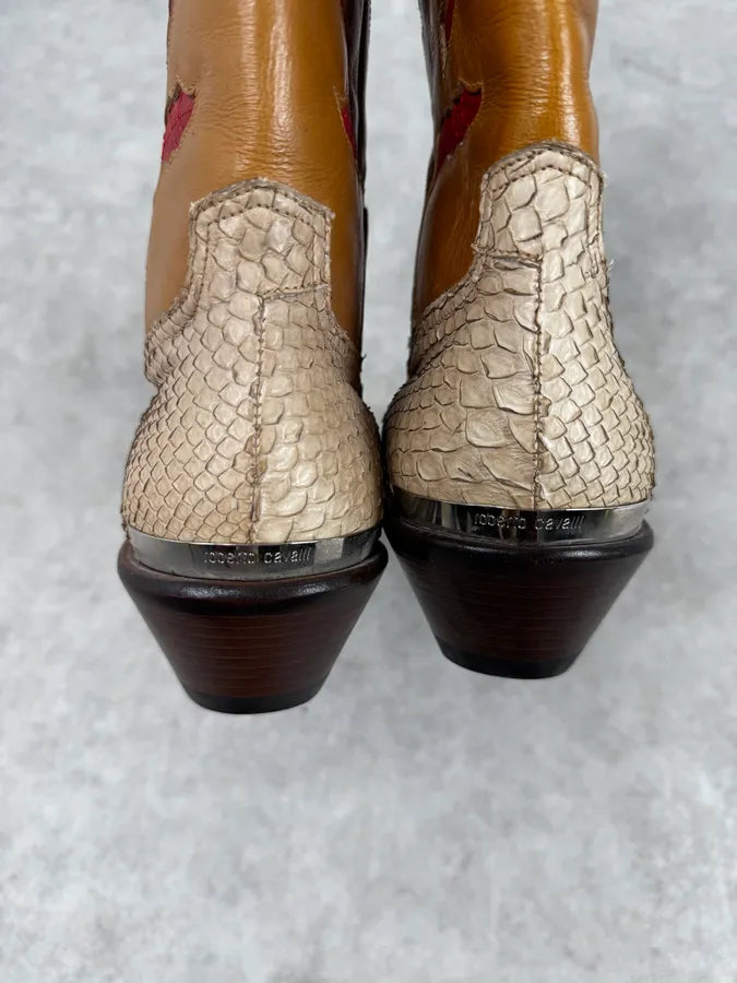 Roberto Cavalli Beige & Orange Python Embroidered Western Boots yIOaIYM 7