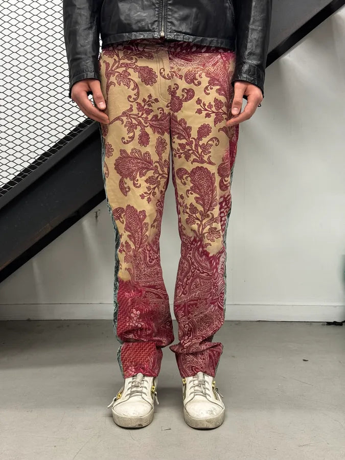2000s Roberto Cavalli Beige & Red Paisley Floral Soft Pants HOZgAxU 0