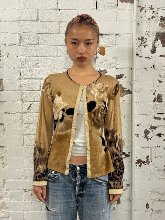 Roberto Cavalli Beige Brown Floral Leopard Cardigan aMTihsU 0