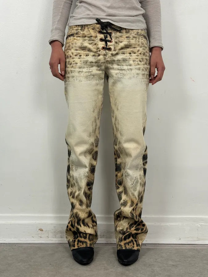AW2001 Roberto Cavalli Beige Leopard Denim Jeans EfjaLAE 1