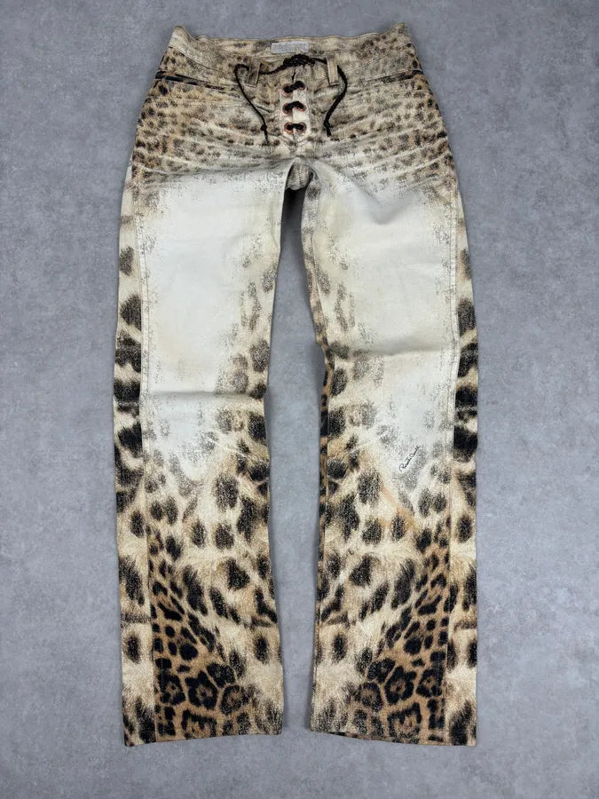 AW2001 Roberto Cavalli Beige Leopard Denim Jeans EfjaLAE 0