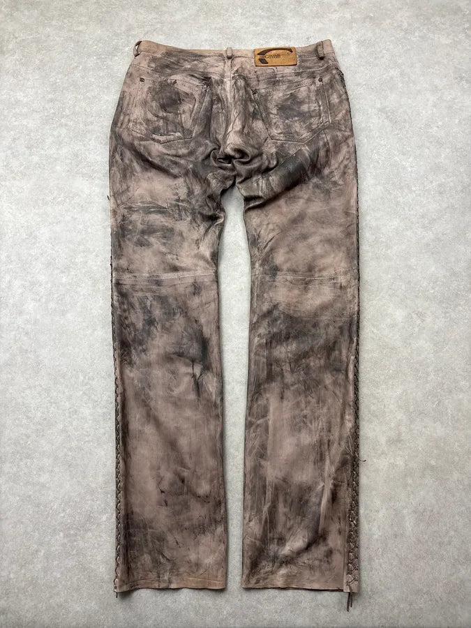 2000s Cavalli Beige Leather Distressed Cross-Stitch Pants TpwWpnX 5