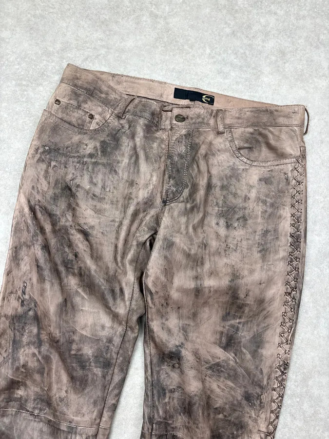 2000s Cavalli Beige Leather Distressed Cross-Stitch Pants TpwWpnX 4