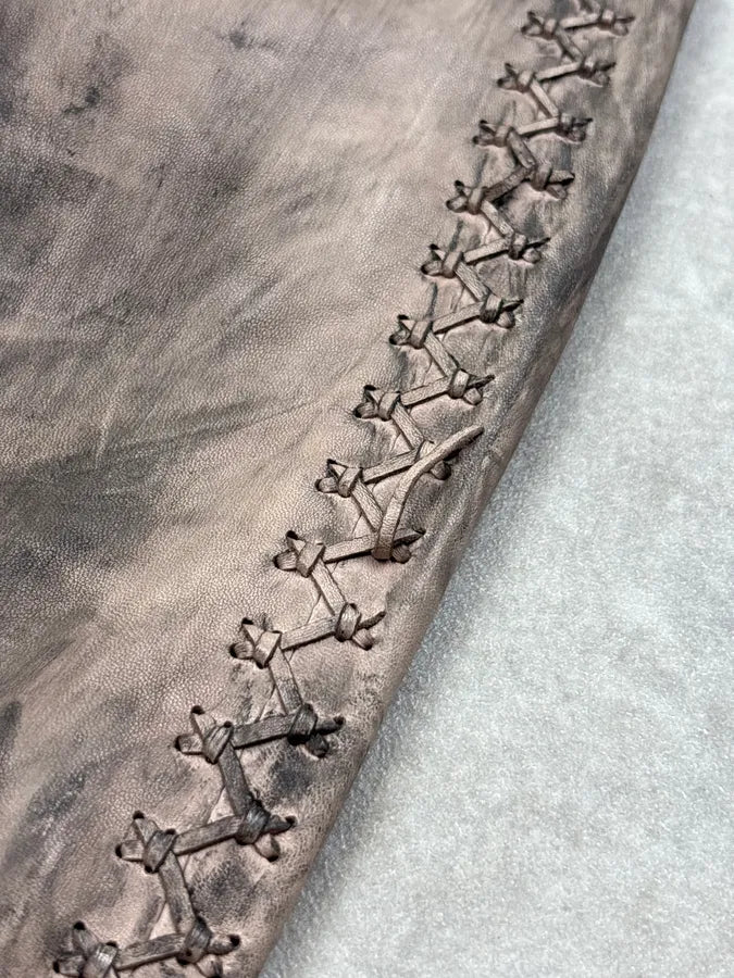 2000s Cavalli Beige Leather Distressed Cross-Stitch Pants TpwWpnX 13