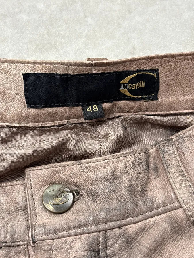 2000s Cavalli Beige Leather Distressed Cross-Stitch Pants TpwWpnX 9