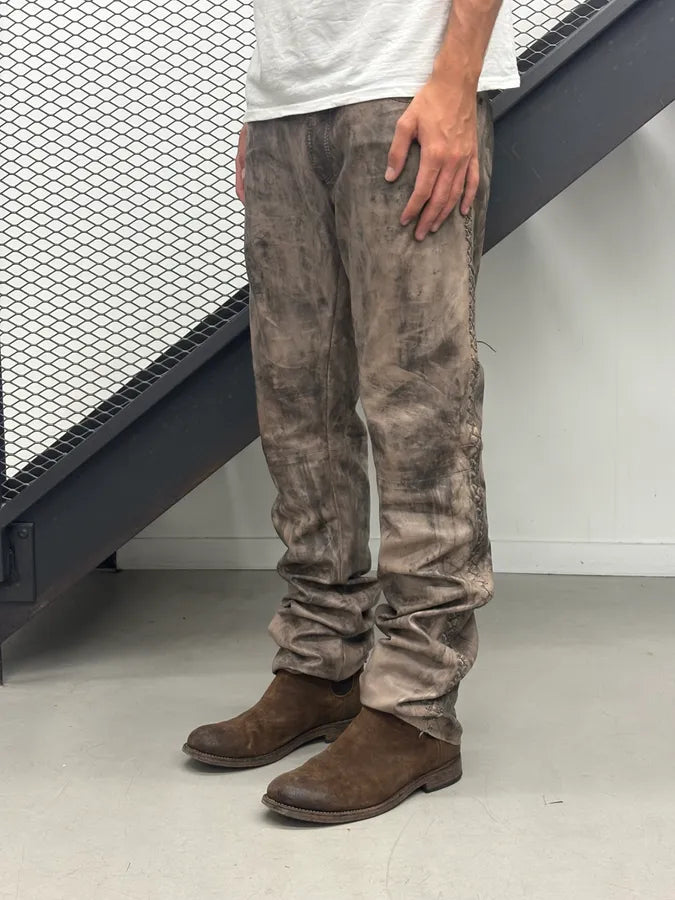 2000s Cavalli Beige Leather Distressed Cross-Stitch Pants TpwWpnX 2