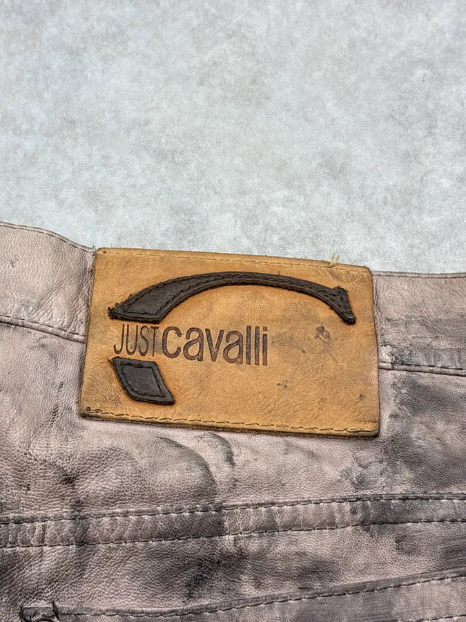 2000s Cavalli Beige Leather Distressed Cross-Stitch Pants TpwWpnX 10