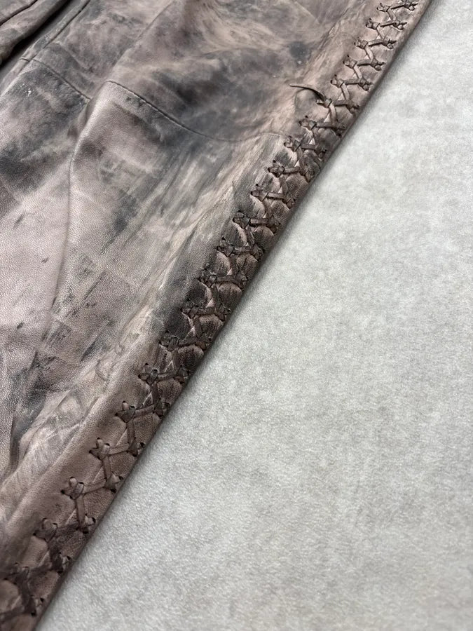 2000s Cavalli Beige Leather Distressed Cross-Stitch Pants TpwWpnX 8