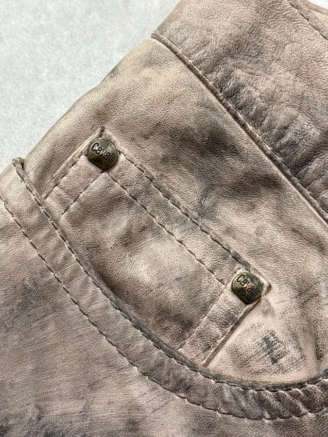 2000s Cavalli Beige Leather Distressed Cross-Stitch Pants TpwWpnX 7