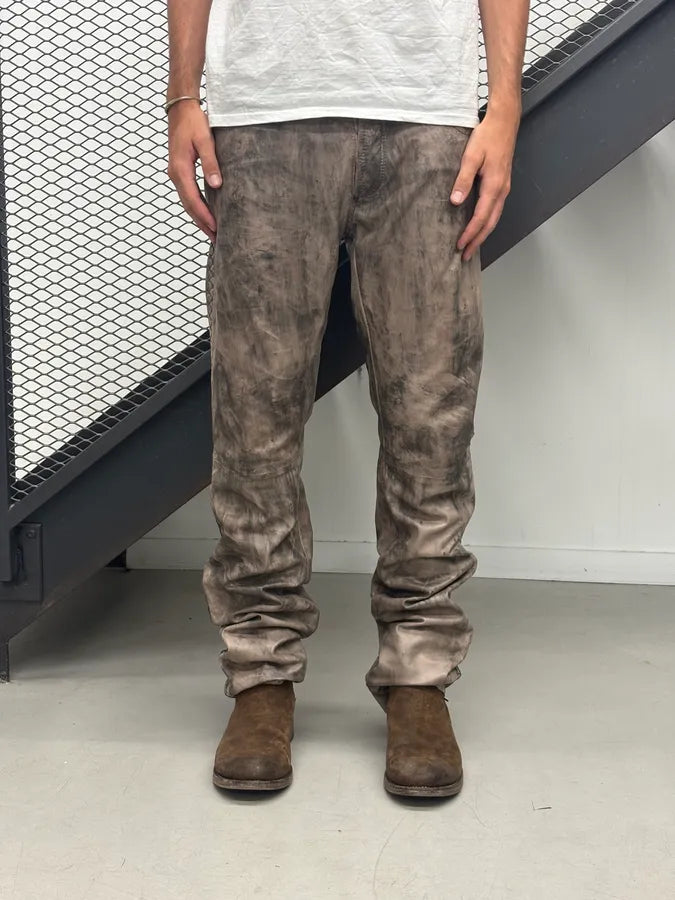 2000s Cavalli Beige Leather Distressed Cross-Stitch Pants TpwWpnX 1