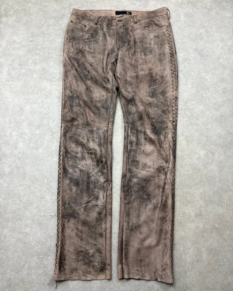 2000s Cavalli Beige Leather Distressed Cross-Stitch Pants TpwWpnX 0