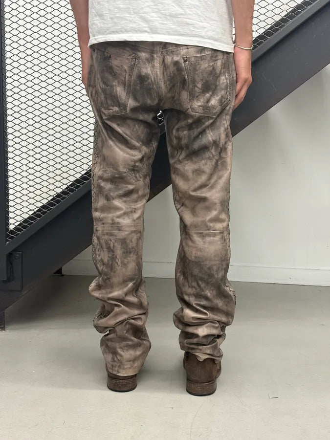 2000s Cavalli Beige Leather Distressed Cross-Stitch Pants TpwWpnX 3