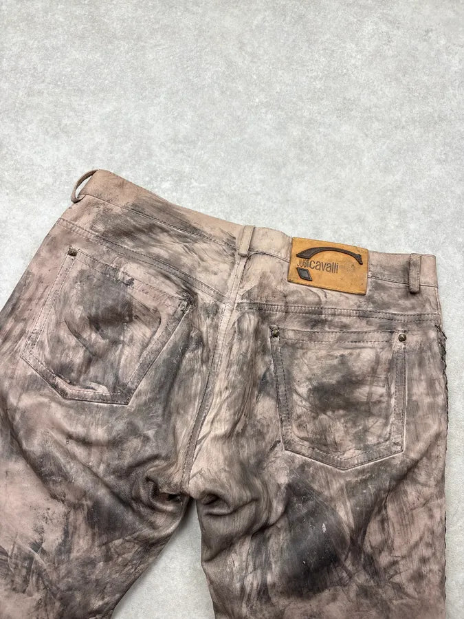 2000s Cavalli Beige Leather Distressed Cross-Stitch Pants TpwWpnX 6