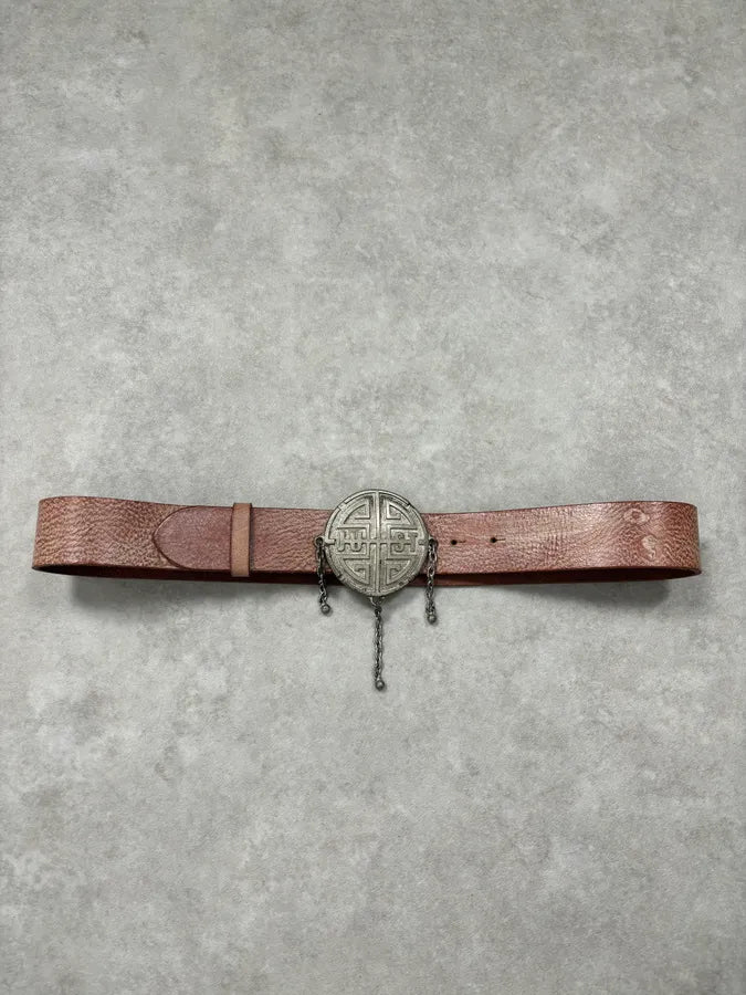 Roberto Cavalli Beige Leather Wide Belt with Ornate Metal Buckle hdNhsxJ 3