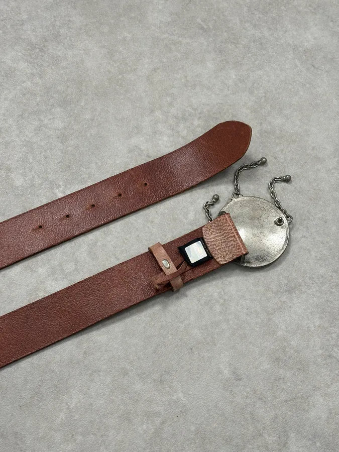 Roberto Cavalli Beige Leather Wide Belt with Ornate Metal Buckle hdNhsxJ 6