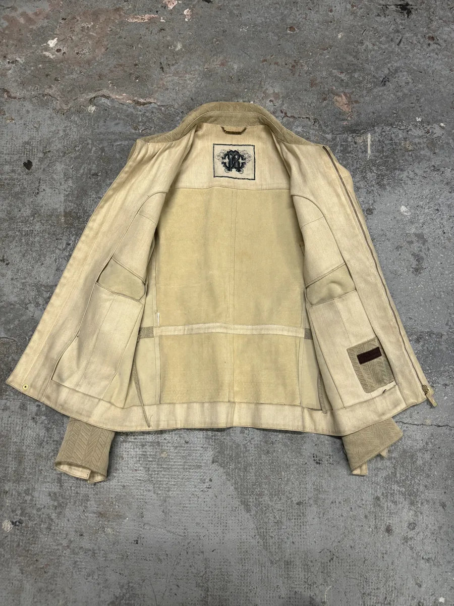 Roberto Cavalli Beige Lines Suede Leather Jacket aETbCrP 10