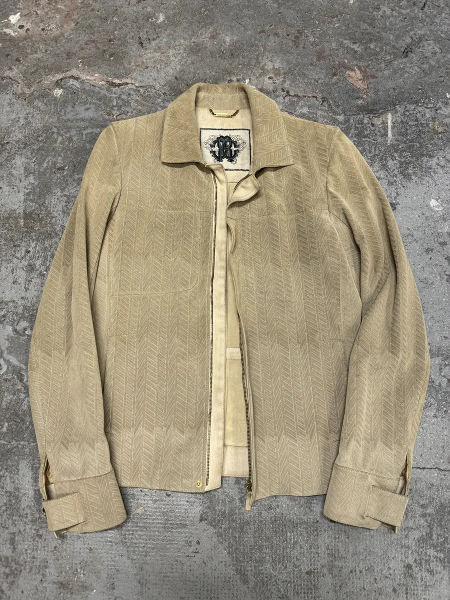 Roberto Cavalli Beige Lines Suede Leather Jacket aETbCrP 5