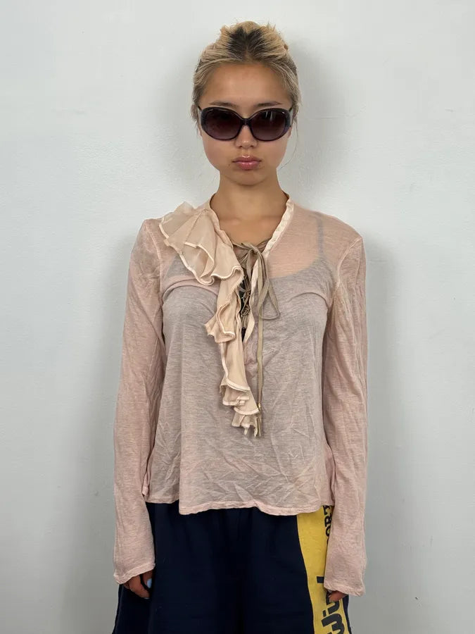 SS2003 Roberto Cavalli Beige Ruffled Lace-Up Shirt dGiKPCh 2
