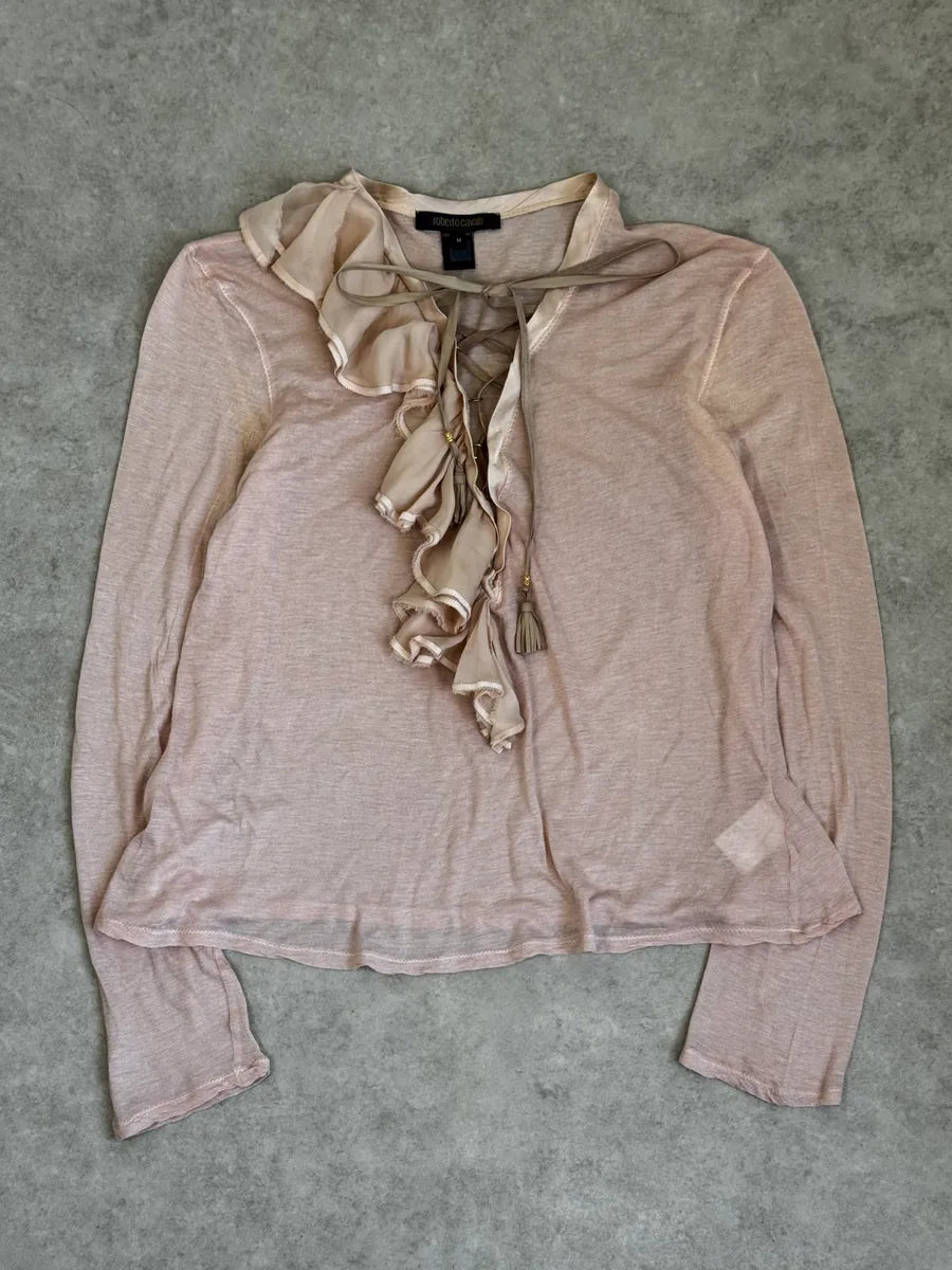 SS2003 Roberto Cavalli Beige Ruffled Lace-Up Shirt dGiKPCh 0
