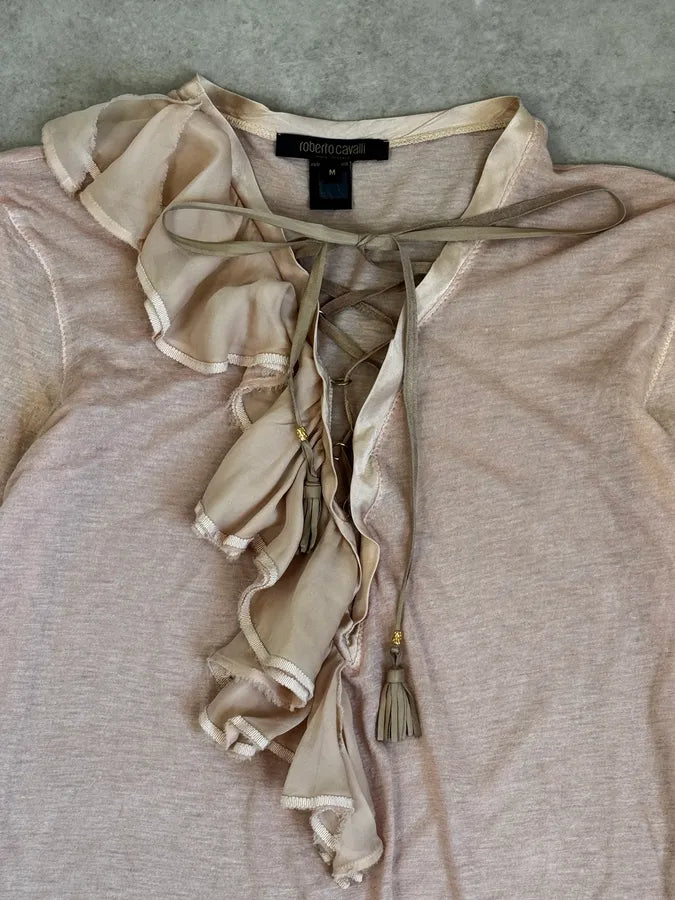 SS2003 Roberto Cavalli Beige Ruffled Lace-Up Shirt dGiKPCh 6