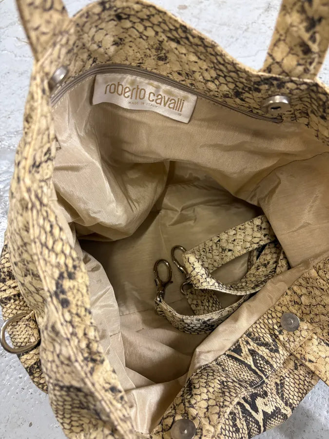 Roberto Cavalli Beige Snake Print Handle Tote Bag eAOmsCo 6