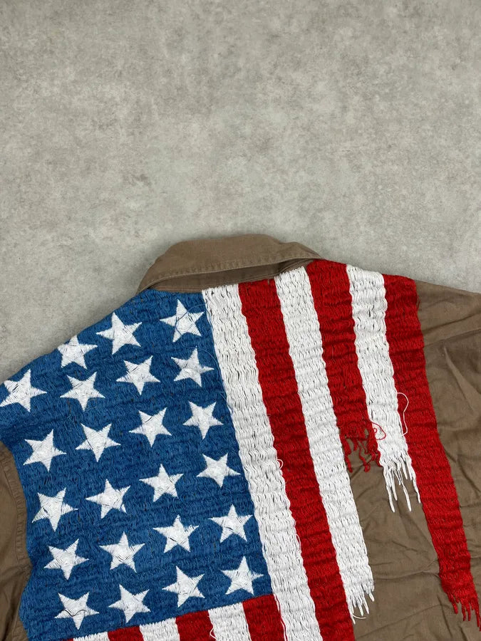 2000s Roberto Cavalli Khaki Stars & Stripes Embroidered Shirt kScQknH 7
