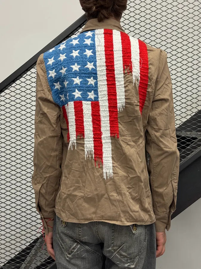2000s Roberto Cavalli Khaki Stars & Stripes Embroidered Shirt kScQknH 3