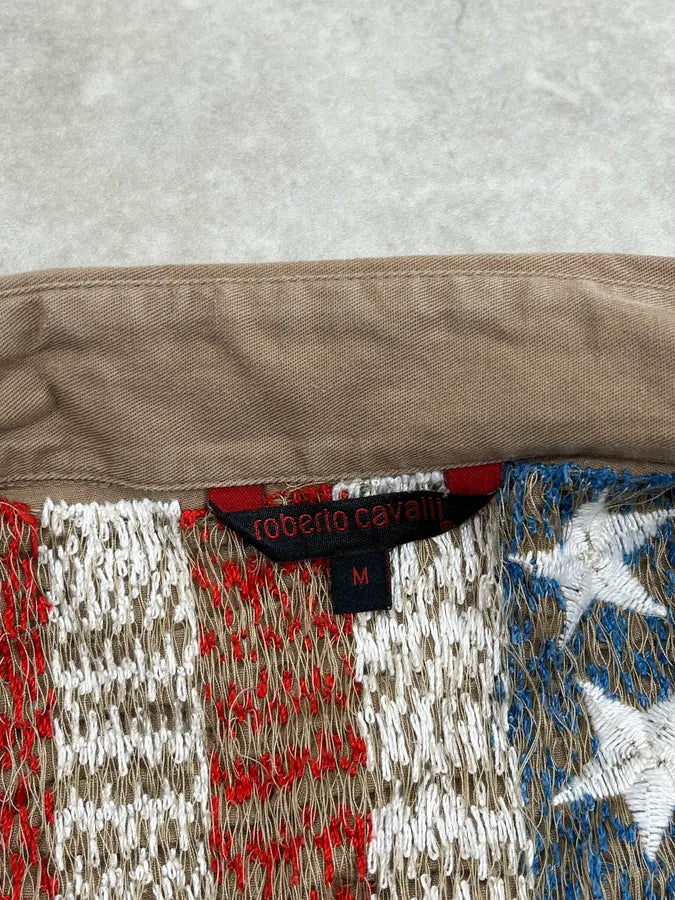 2000s Roberto Cavalli Khaki Stars & Stripes Embroidered Shirt kScQknH 12