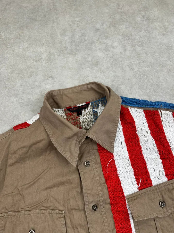 2000s Roberto Cavalli Khaki Stars & Stripes Embroidered Shirt kScQknH 6